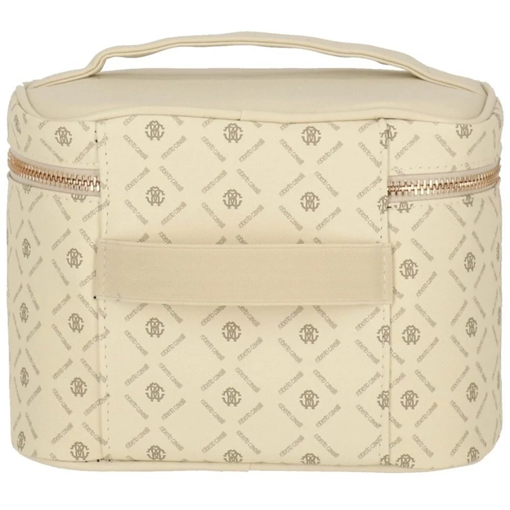 NEW Roberto Cavalli Monogram Cream Cosmetic Toiletry Bag Train Case